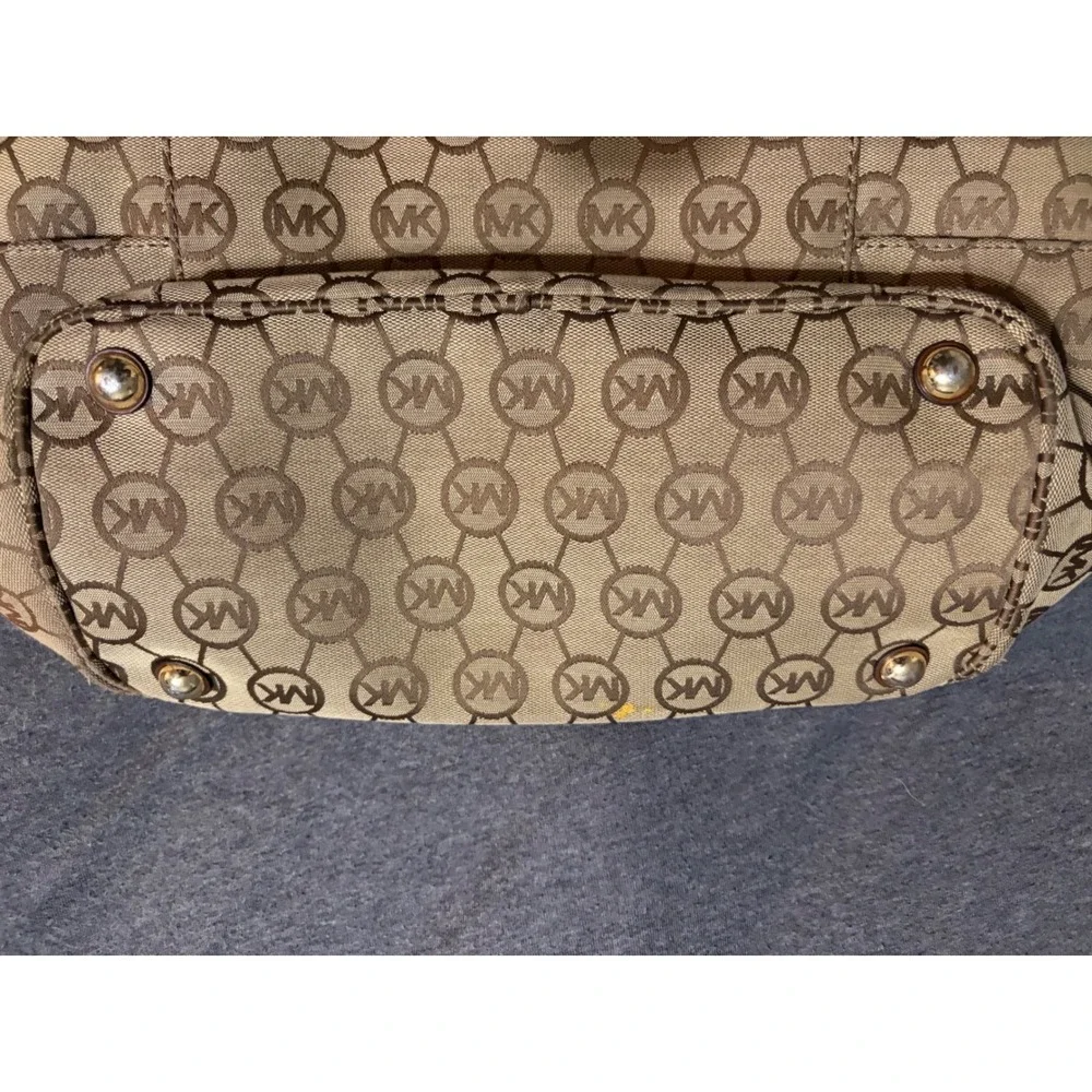 Michael Kors Signature Monogram Tote Bag Brown Jacquard Leather Trim Gold HW